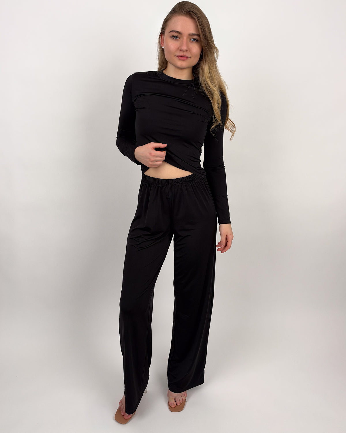 Elegantes Damen-Zweiteiler-Set mit Wide-Leg-Hose – Schwarz